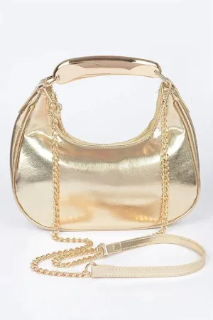 081424 Chic Chain Metallic Faux Leather Metal Top Handle Clutch