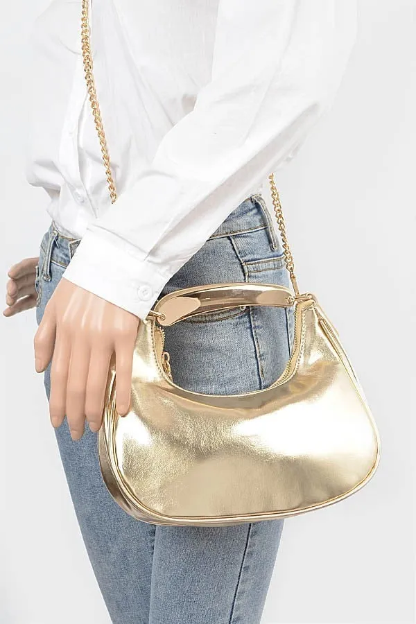 081424 Chic Chain Metallic Faux Leather Metal Top Handle Clutch