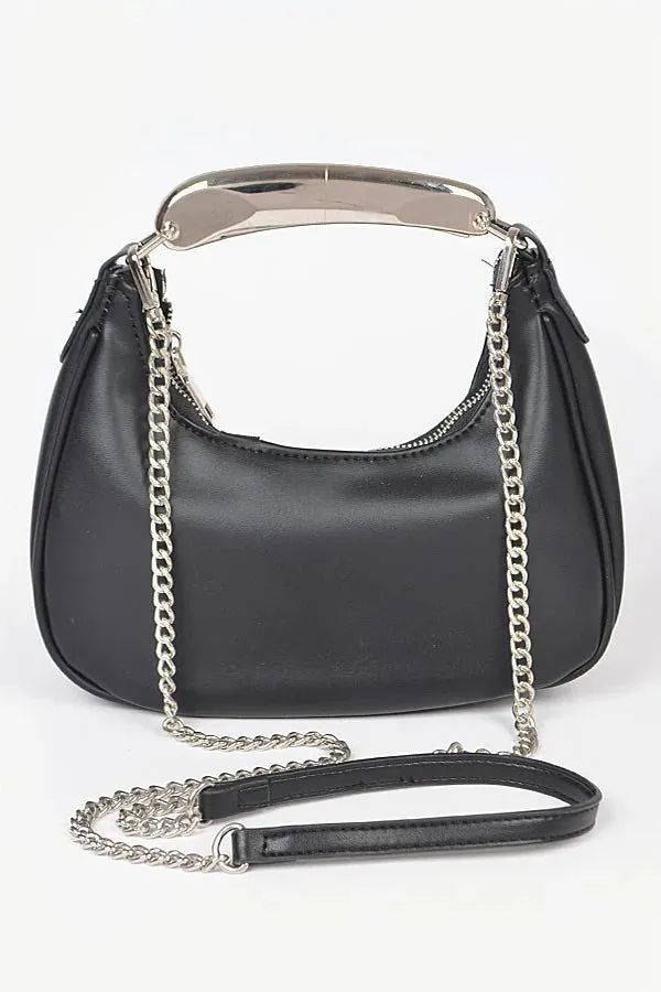 081424 Chic Chain Metallic Faux Leather Metal Top Handle Clutch