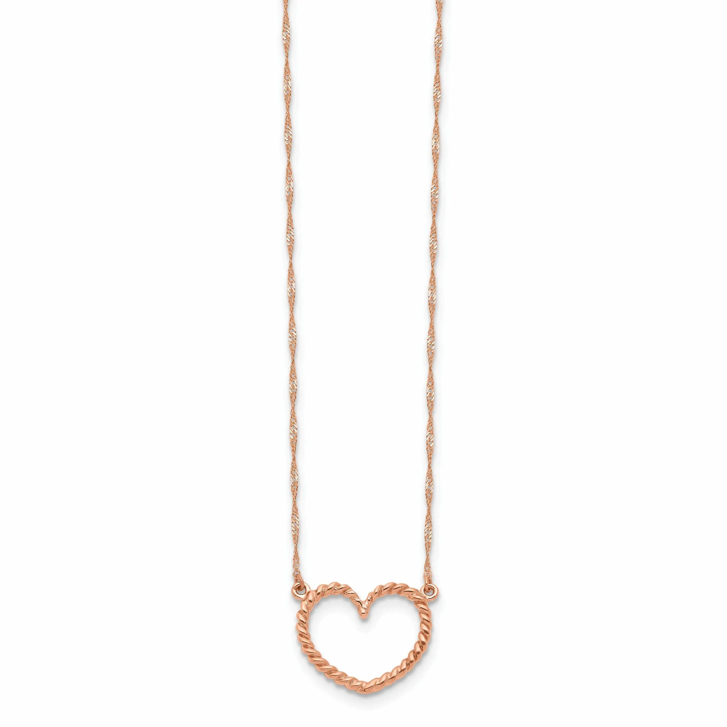 14k Rose Gold Solid Polished Textured Finish Heart Pendant Design in a 17-Inch Singapore Chain Necklace Set