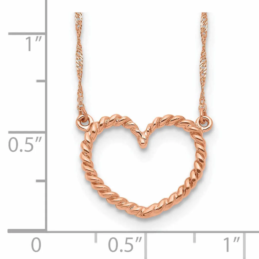 14k Rose Gold Solid Polished Textured Finish Heart Pendant Design in a 17-Inch Singapore Chain Necklace Set
