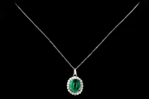 14K White Gold 4.28 Carat Cabochon Natural Emerald & Diamond Diamond Halo Pendant Necklace