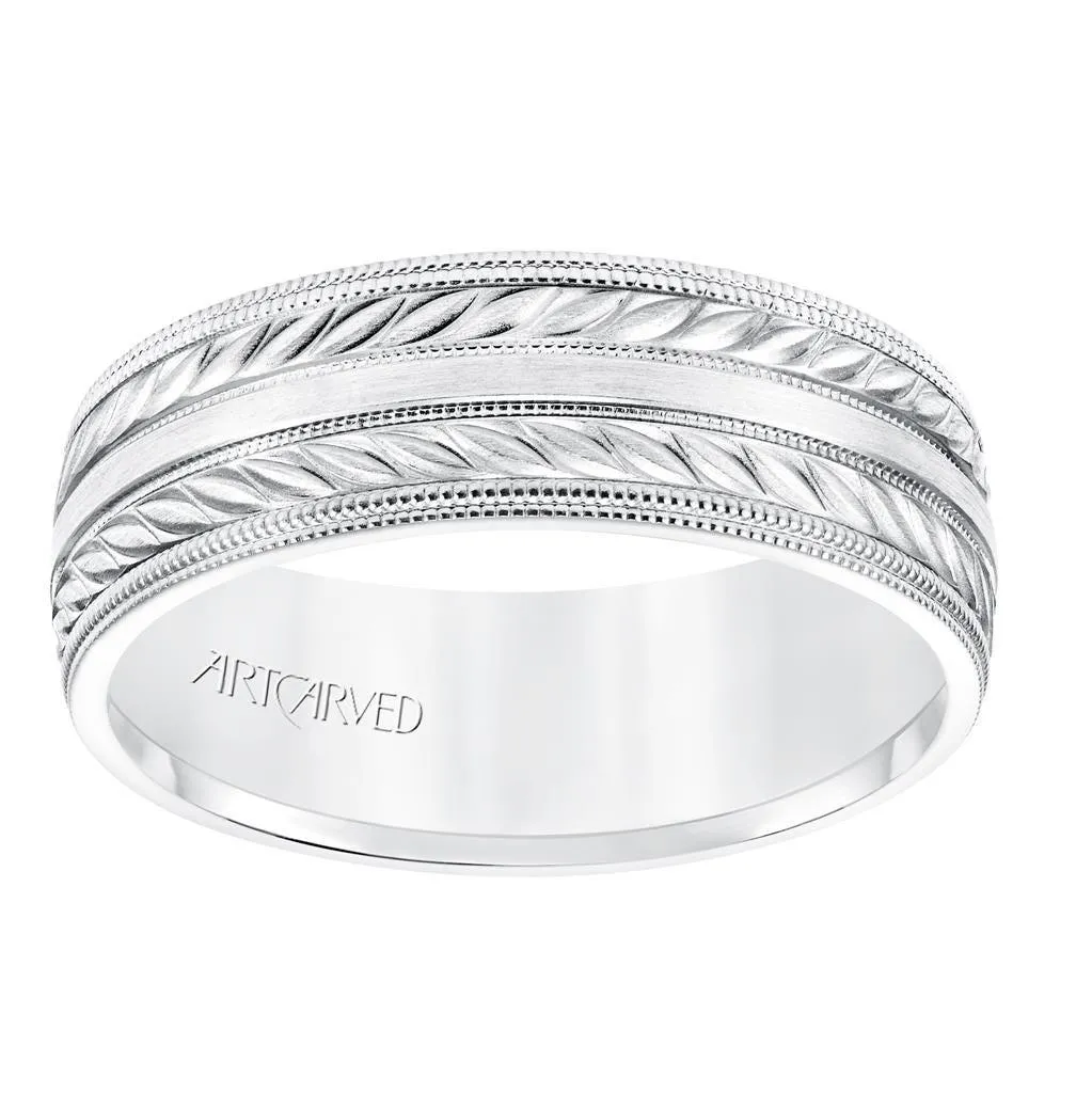 14k White Gold Wedding Band Flat Dual Wheat Motif Center Design Satin Brushed Finish with Milgrain Edges- 7 mm