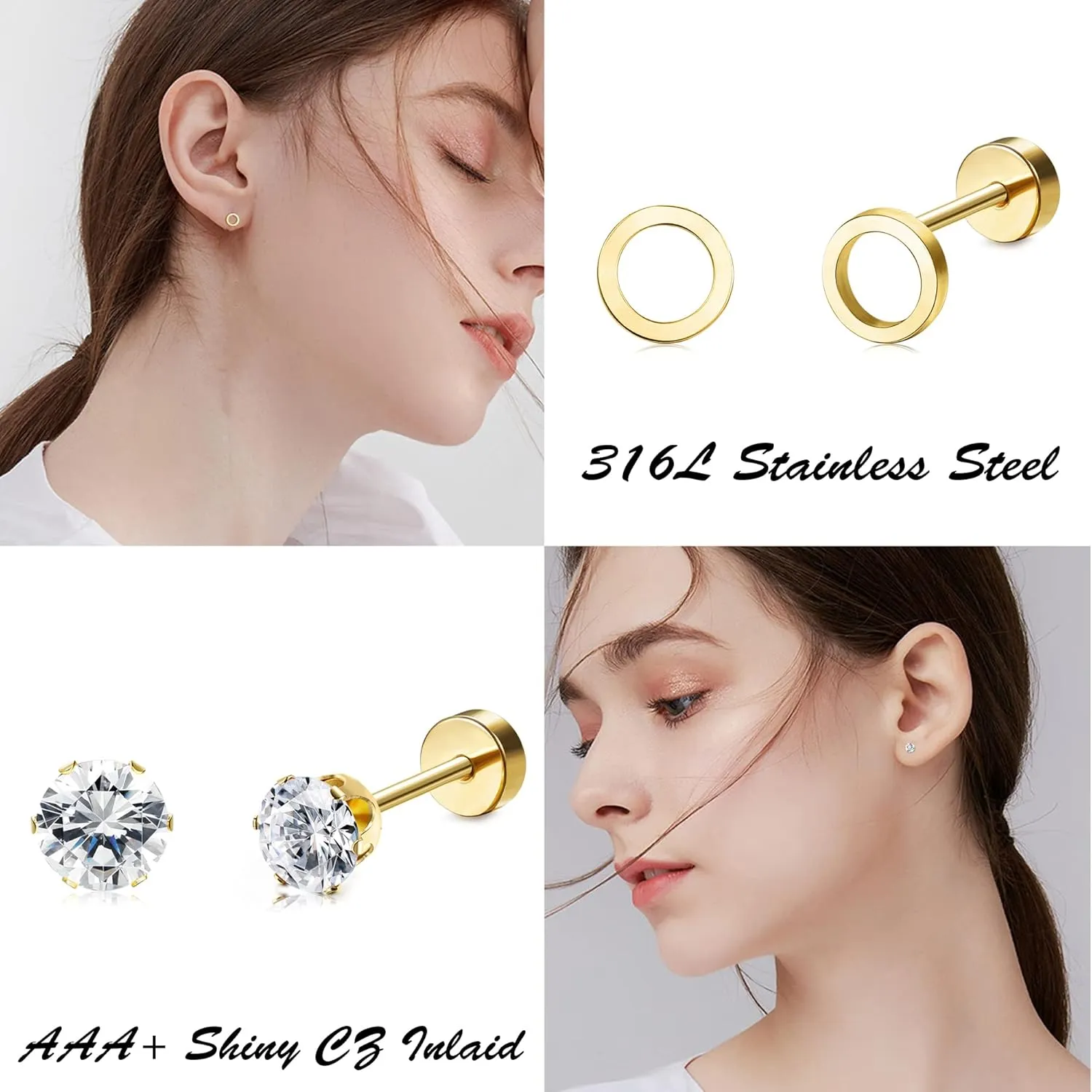 18 Pairs Surgical Stainless Steel Stud Earrings For Women Men 20G Cartilage Earrings Studs Cross Moon Star Small Stud Earrings Black Gold Screw Flat Back Earrings Ear Piercing Studs Set