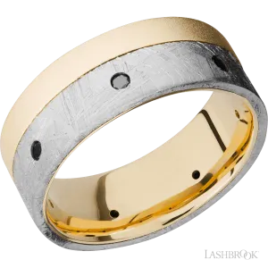 18K Yellow Gold flat band with a meteorite edge inlay with black diamonds flush set - 8MM