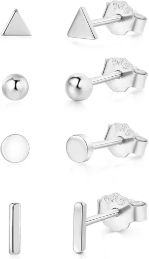 925 Sterling Silver Stud Earrings for Women, 4 Pairs 14K White Gold Plated Hypoallergenic Small Silver Stud Earrings Set for Women Men