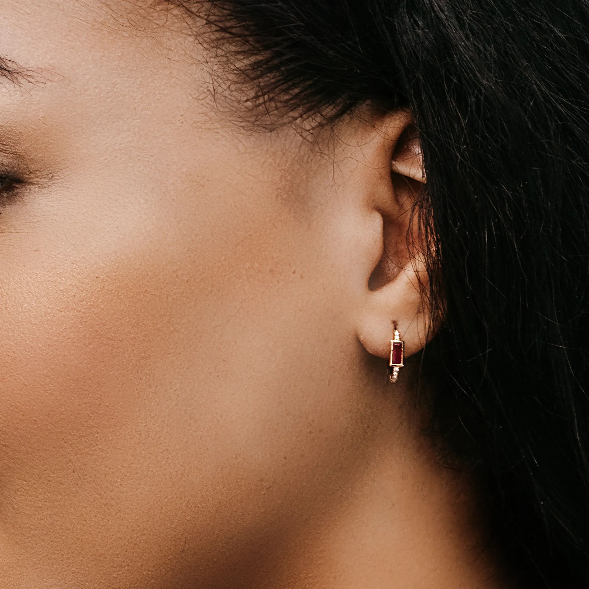 Bezel Set Ruby & Diamond Huggie Earrings