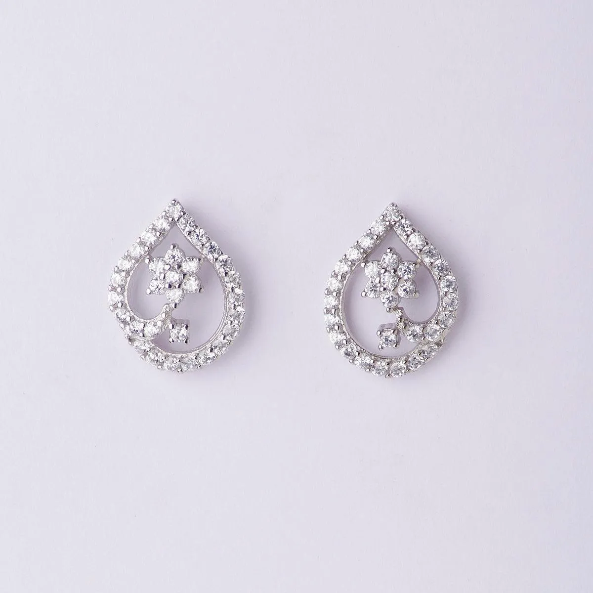 Dainty Stone Studded Silver Flower Earrings