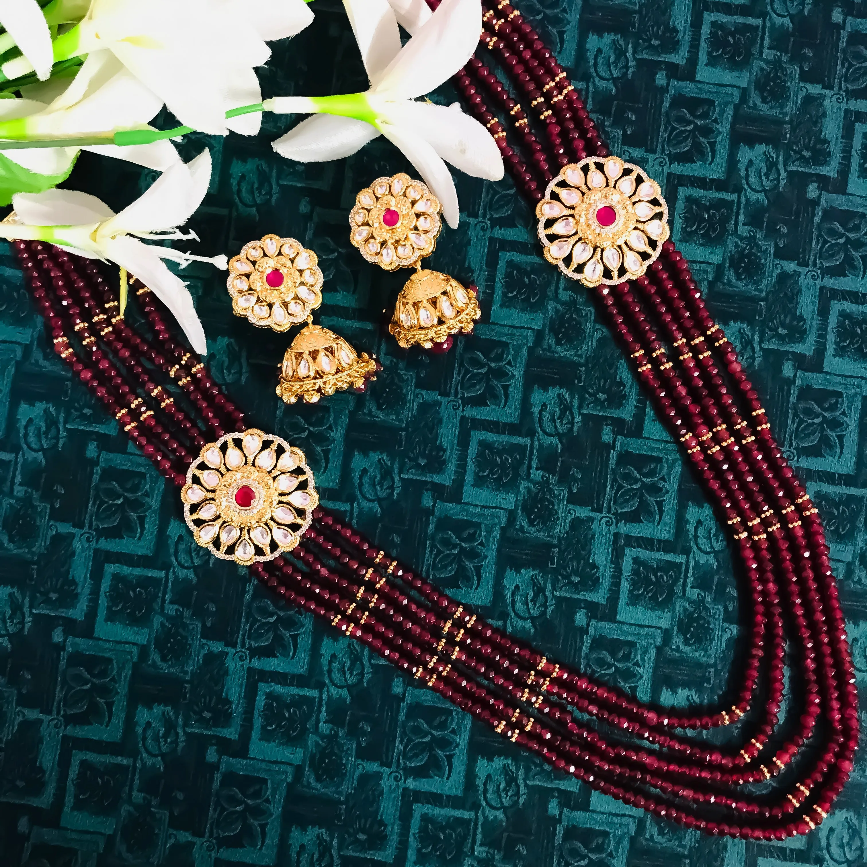 Designer Royal Kundan Beads Long Necklace with Earrings (D752)