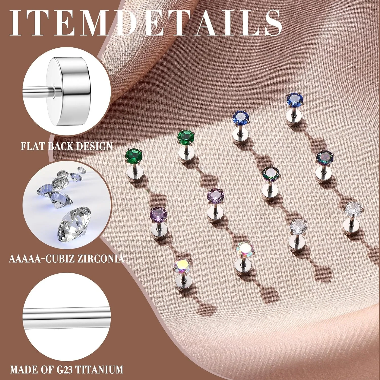 Dochais Titanium Stud Earrings for Men Women, Flat Back Stud Earrings with Cubic Zirconia, Hypoallergenic and Suitable for Sensitive Ears