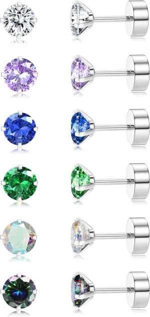 Dochais Titanium Stud Earrings for Men Women, Flat Back Stud Earrings with Cubic Zirconia, Hypoallergenic and Suitable for Sensitive Ears