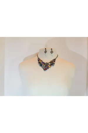 Emma Multi Colored Metal Square Necklace Set