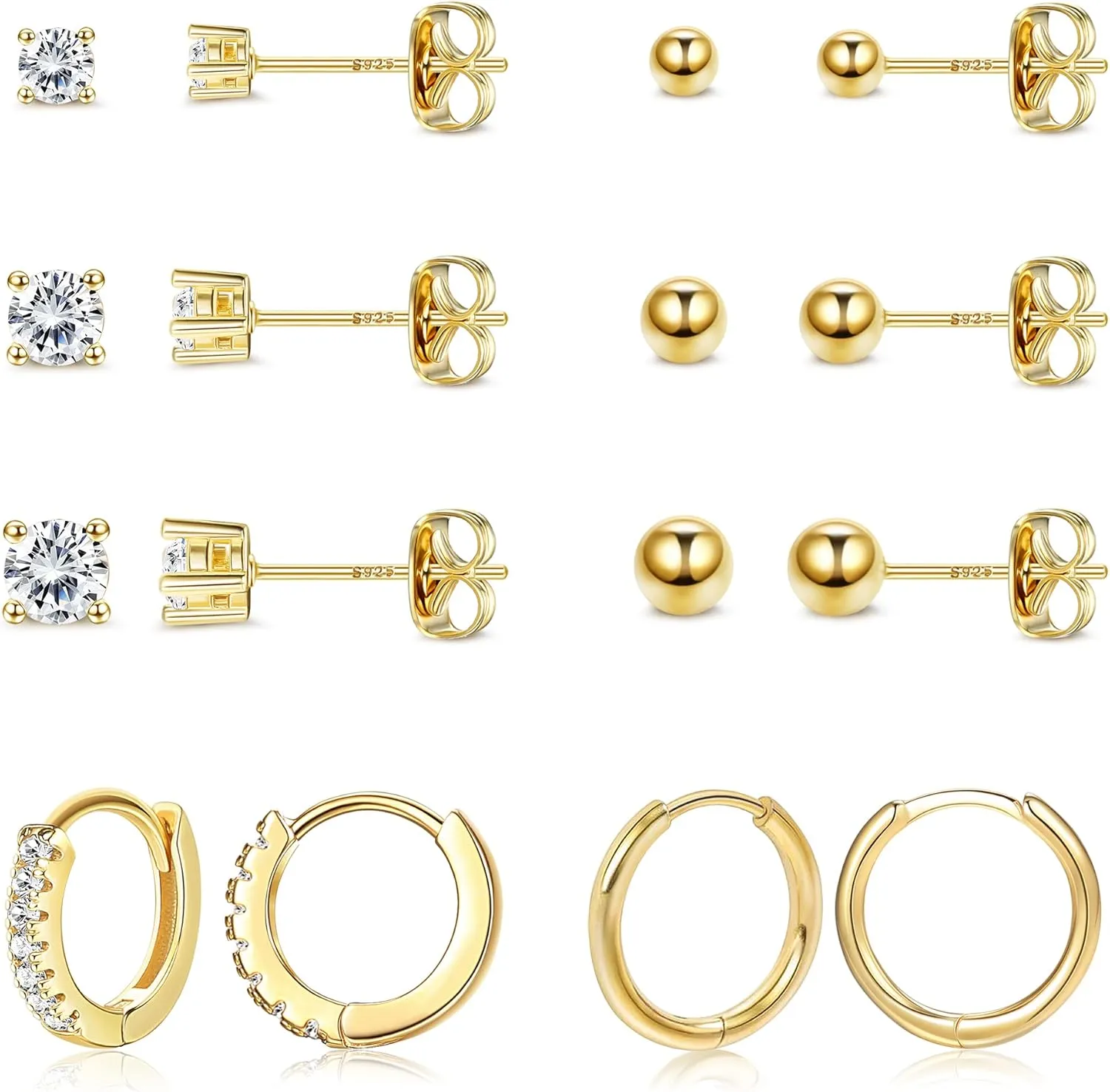 FASACCO 14K Gold Stud Earrings 925 Sterling Silver Stud Earrings Set for Multiple Piercing Hypoallergic Tiny Hoop Stud Earrings