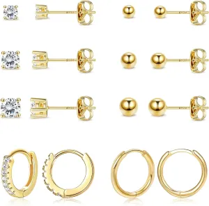 FASACCO 14K Gold Stud Earrings 925 Sterling Silver Stud Earrings Set for Multiple Piercing Hypoallergic Tiny Hoop Stud Earrings