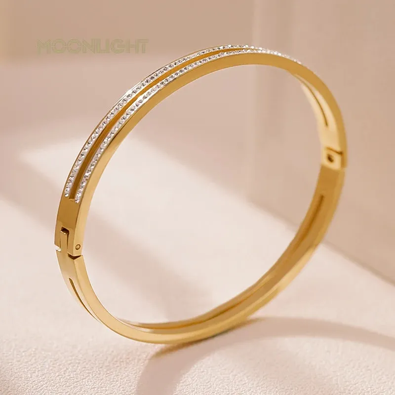 Fashion Cubic Zirconia Cuff Bangles for Women Trendy Titanium Steel Circular Classic Bracelet Female Jewelry