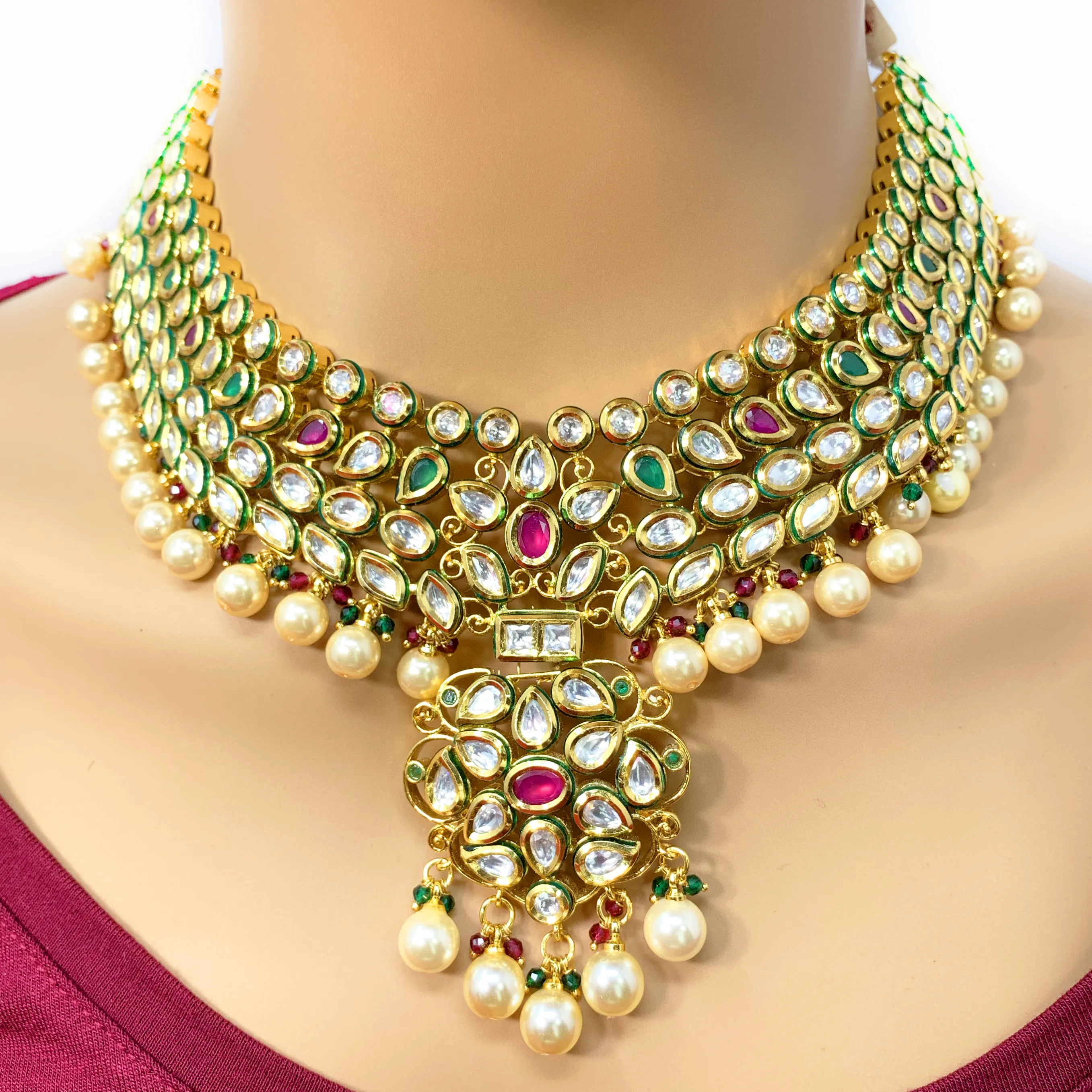Gold Plated Semi-Precious Emerald and Ruby Kundan Set