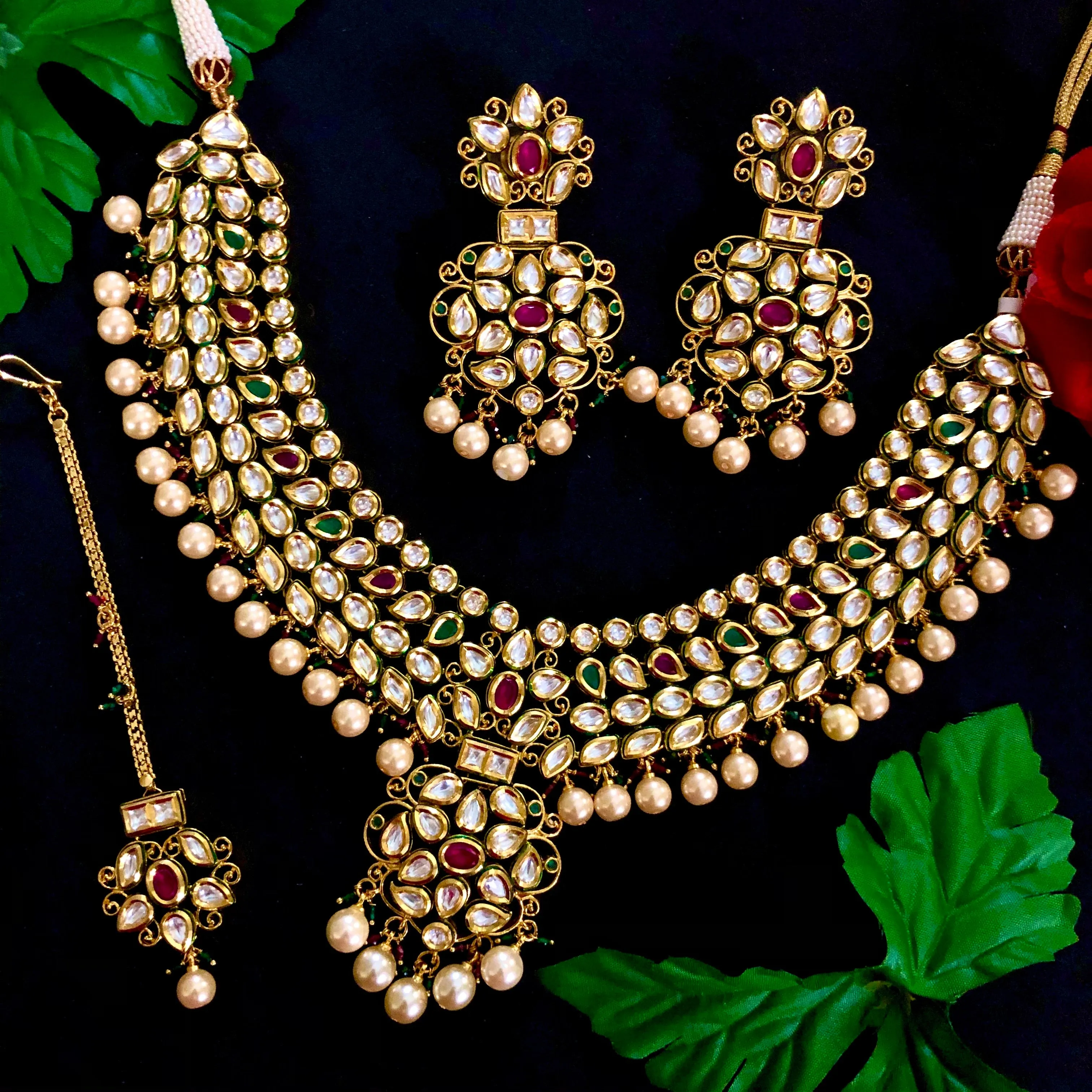 Gold Plated Semi-Precious Emerald and Ruby Kundan Set