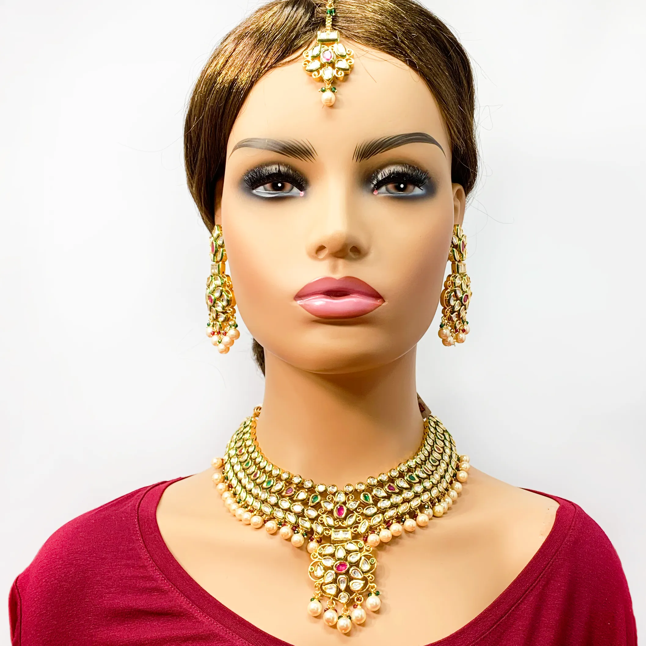Gold Plated Semi-Precious Emerald and Ruby Kundan Set