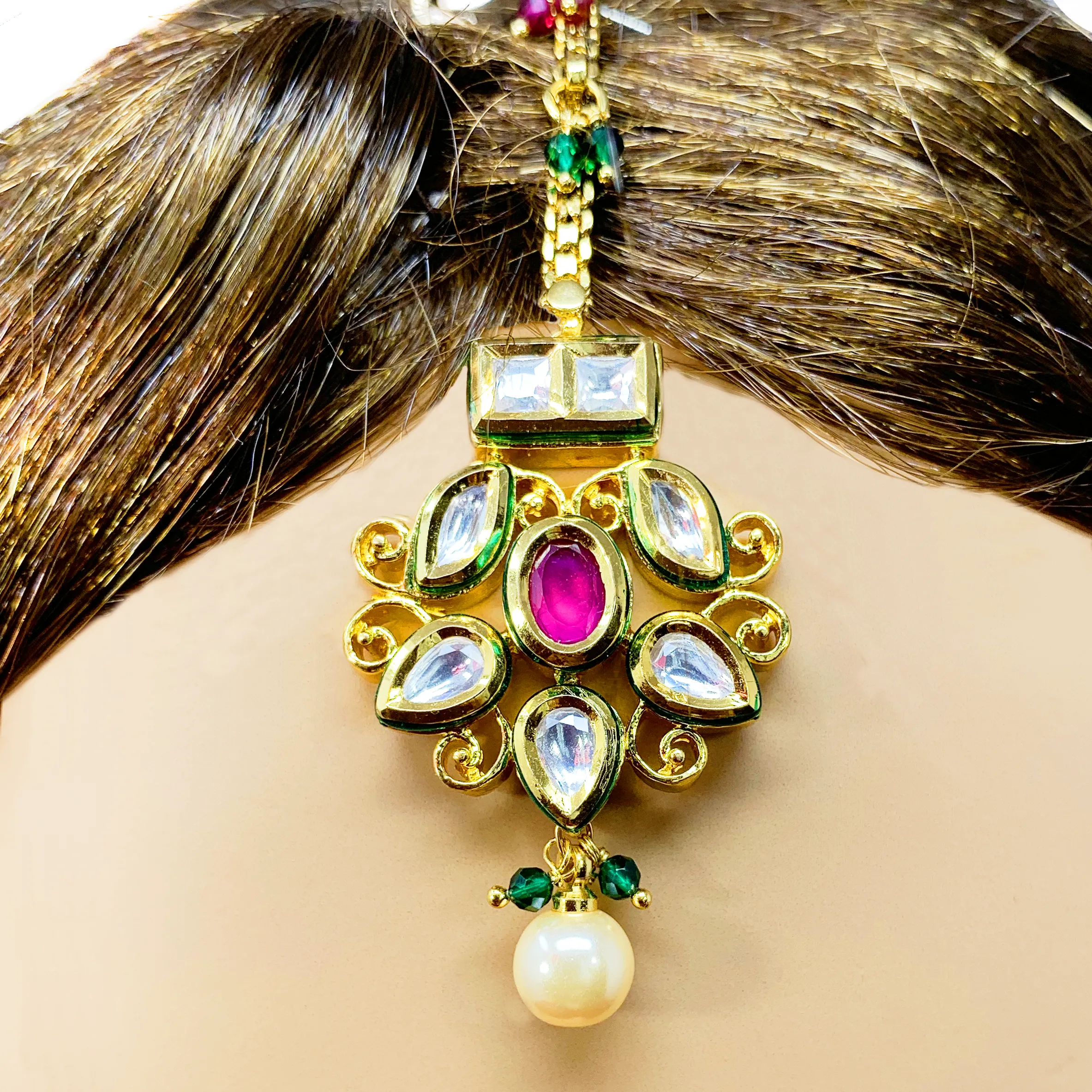 Gold Plated Semi-Precious Emerald and Ruby Kundan Set