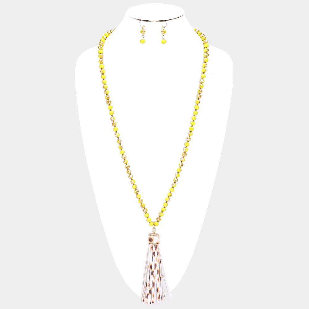 iLLASPARKZ Faux Leather Tassel Faceted Bead Long Necklace