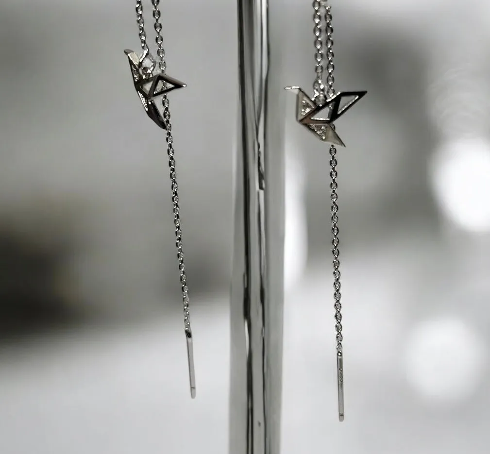 Minimalist - Silver or Rose gold crane dangle threader earrings | chain dangle earrings | minimalist elegant statement earrings | cute kawaii earrings