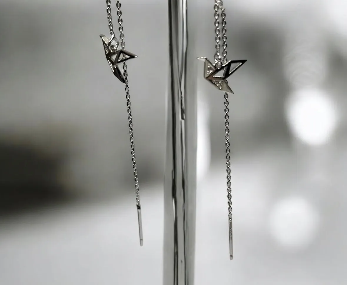 Minimalist - Silver or Rose gold crane dangle threader earrings | chain dangle earrings | minimalist elegant statement earrings | cute kawaii earrings