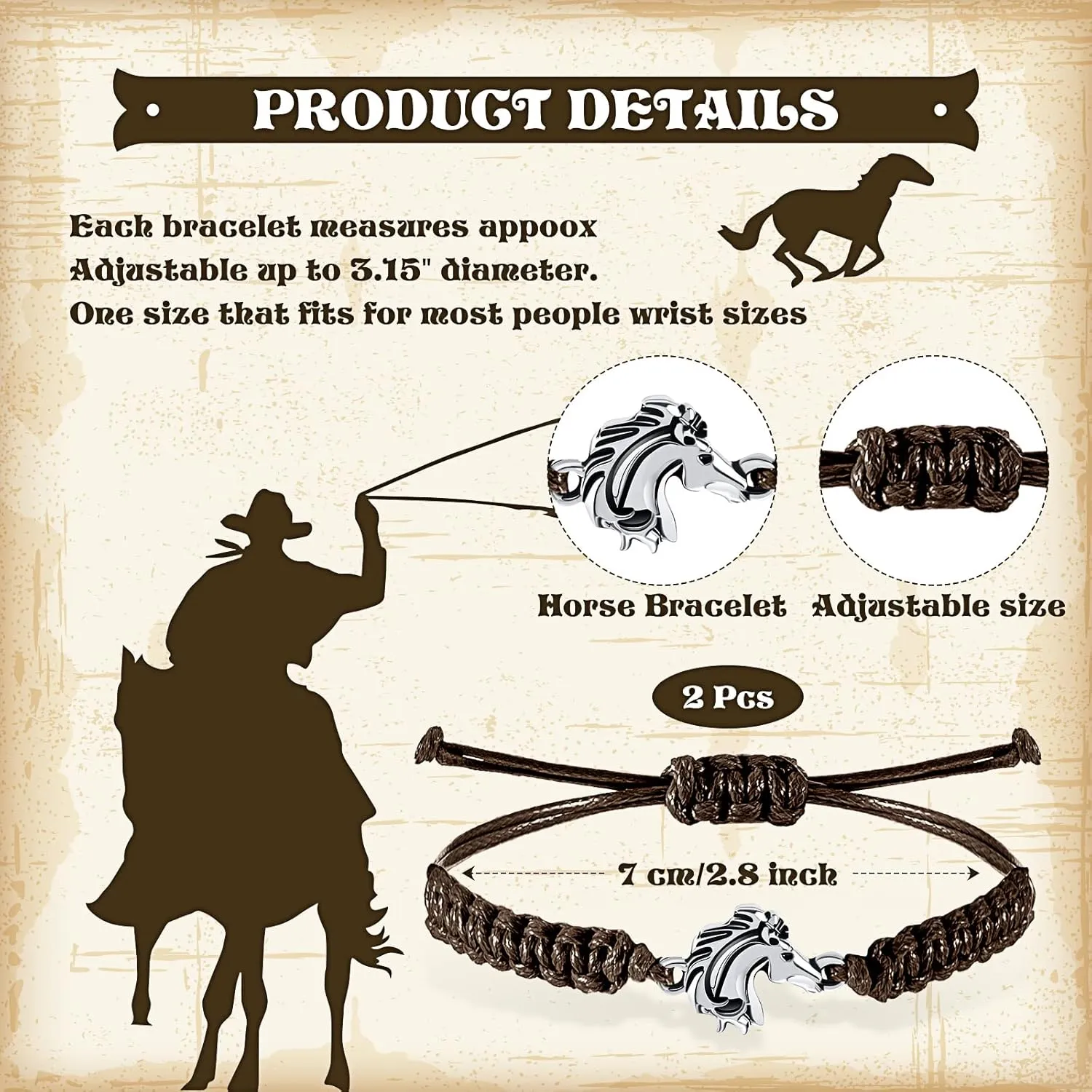 MTLEE Horse Bit Charm Bracelet 2 Pcs Horse Lovers Equestrian Jewelry Adjustable Hose Charm Bracelets for Teens Girls Boys