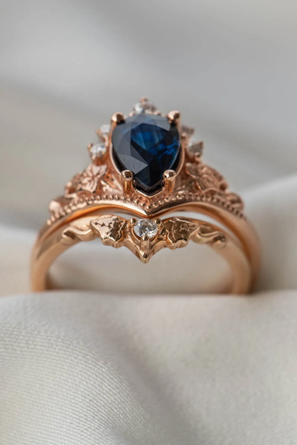 READY TO SHIP: Ariadne set in 14K rose gold, natural pear cut blue sapphire 8x6 mm, moissanites, RING SIZE 5.5 US