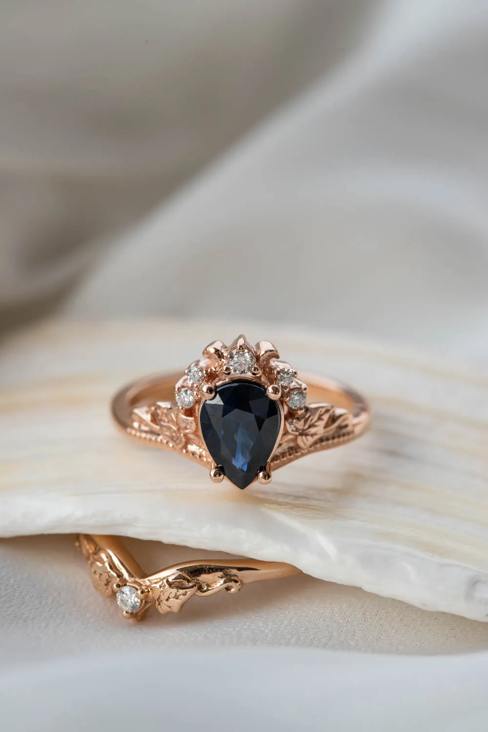 READY TO SHIP: Ariadne set in 14K rose gold, natural pear cut blue sapphire 8x6 mm, moissanites, RING SIZE 5.5 US
