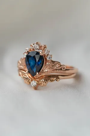 READY TO SHIP: Ariadne set in 14K rose gold, natural pear cut blue sapphire 8x6 mm, moissanites, RING SIZE 5.5 US