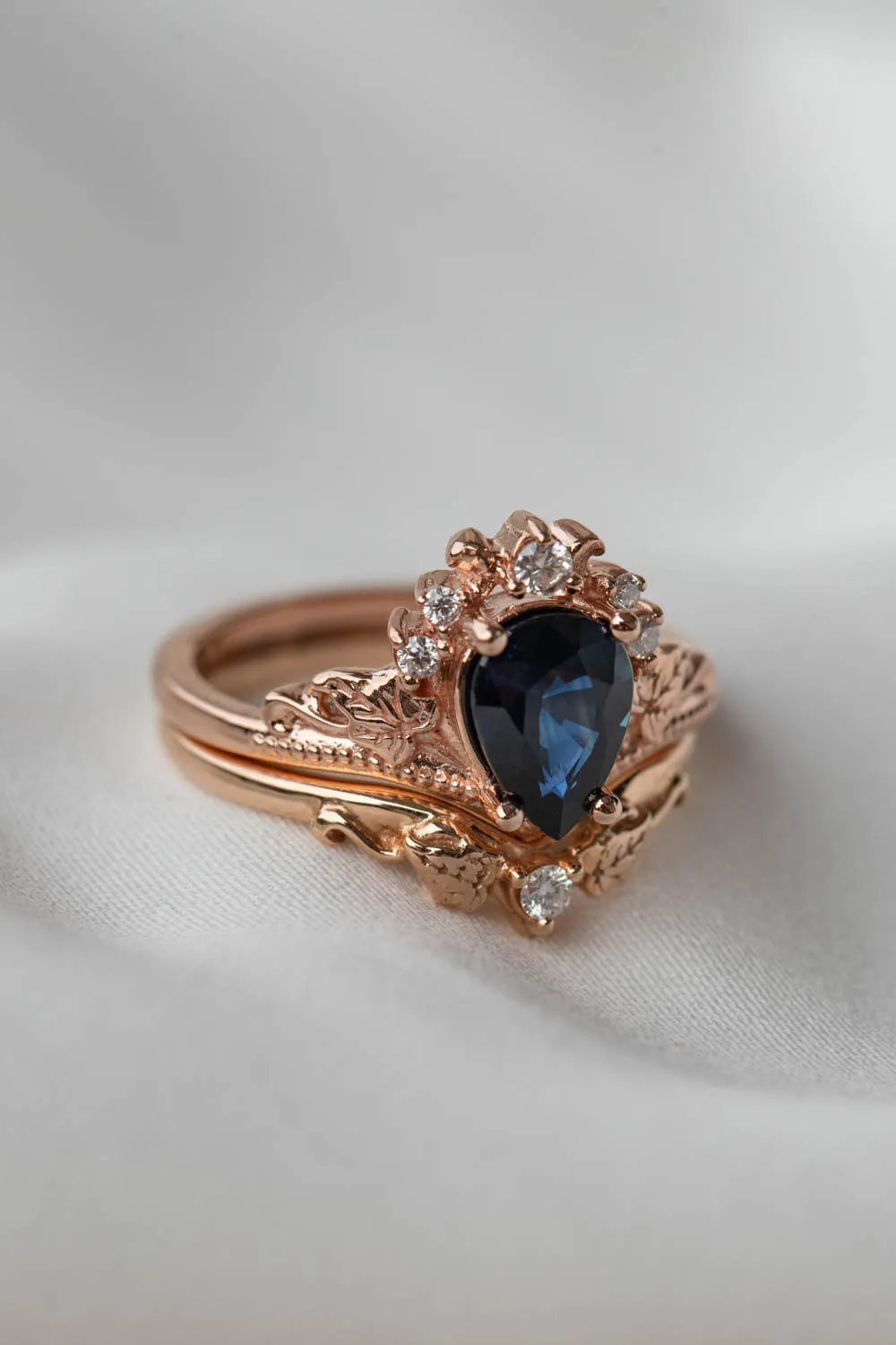 READY TO SHIP: Ariadne set in 14K rose gold, natural pear cut blue sapphire 8x6 mm, moissanites, RING SIZE 5.5 US
