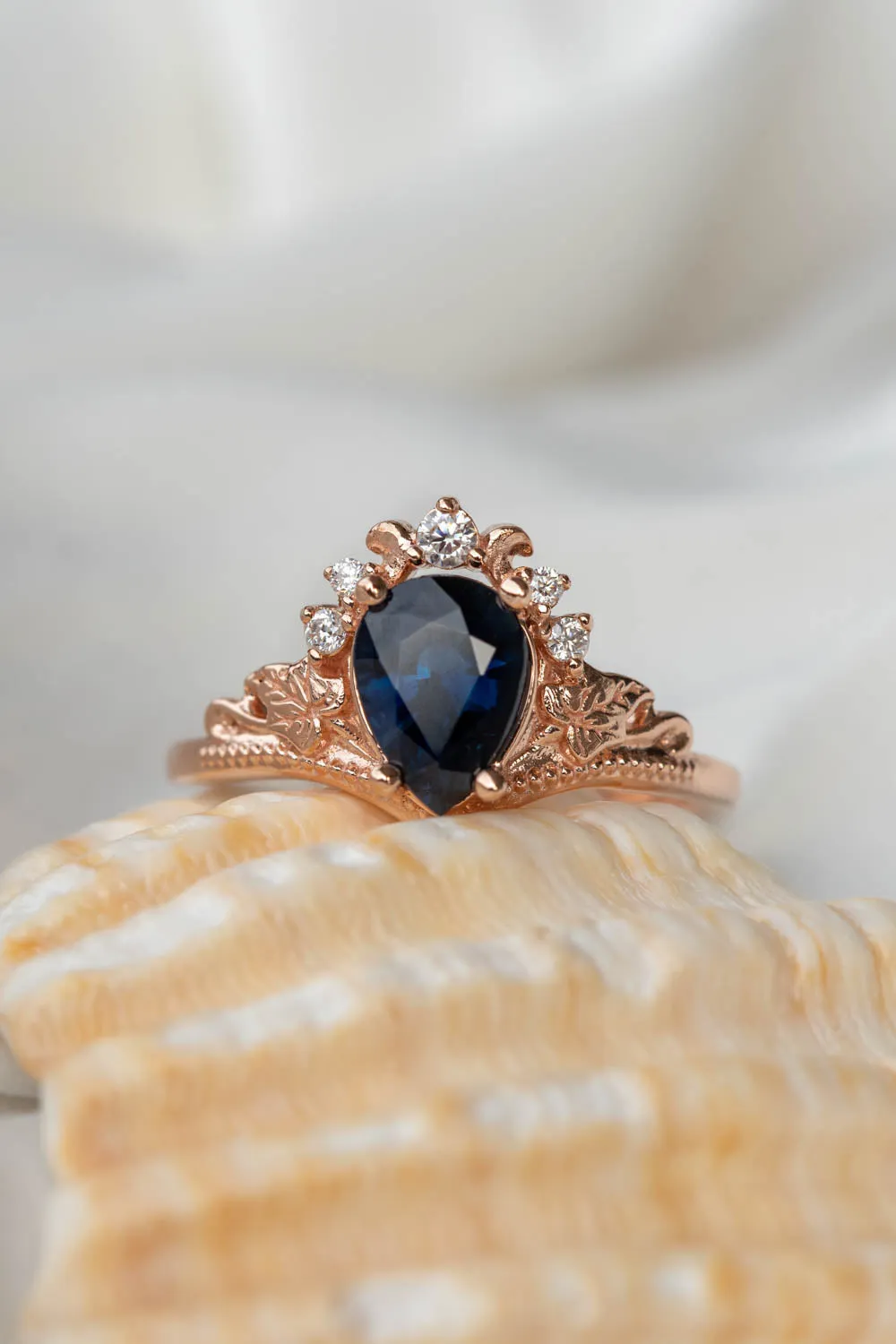 READY TO SHIP: Ariadne set in 14K rose gold, natural pear cut blue sapphire 8x6 mm, moissanites, RING SIZE 5.5 US