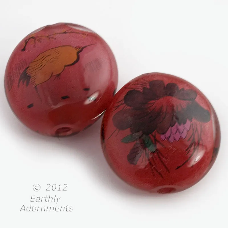 Reverse Painted Hollow Glass Bead, Heron & Lotus, red.  30mm. Pkg 1. B10-0008E