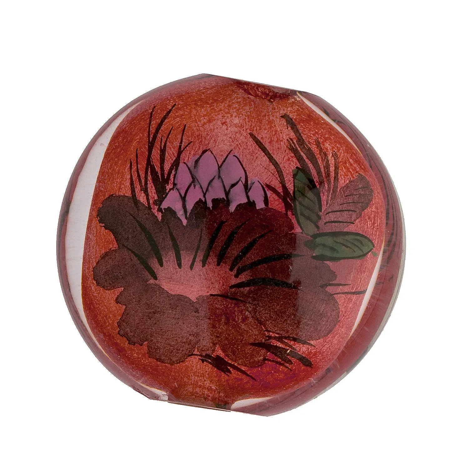 Reverse Painted Hollow Glass Bead, Heron & Lotus, red.  30mm. Pkg 1. B10-0008E
