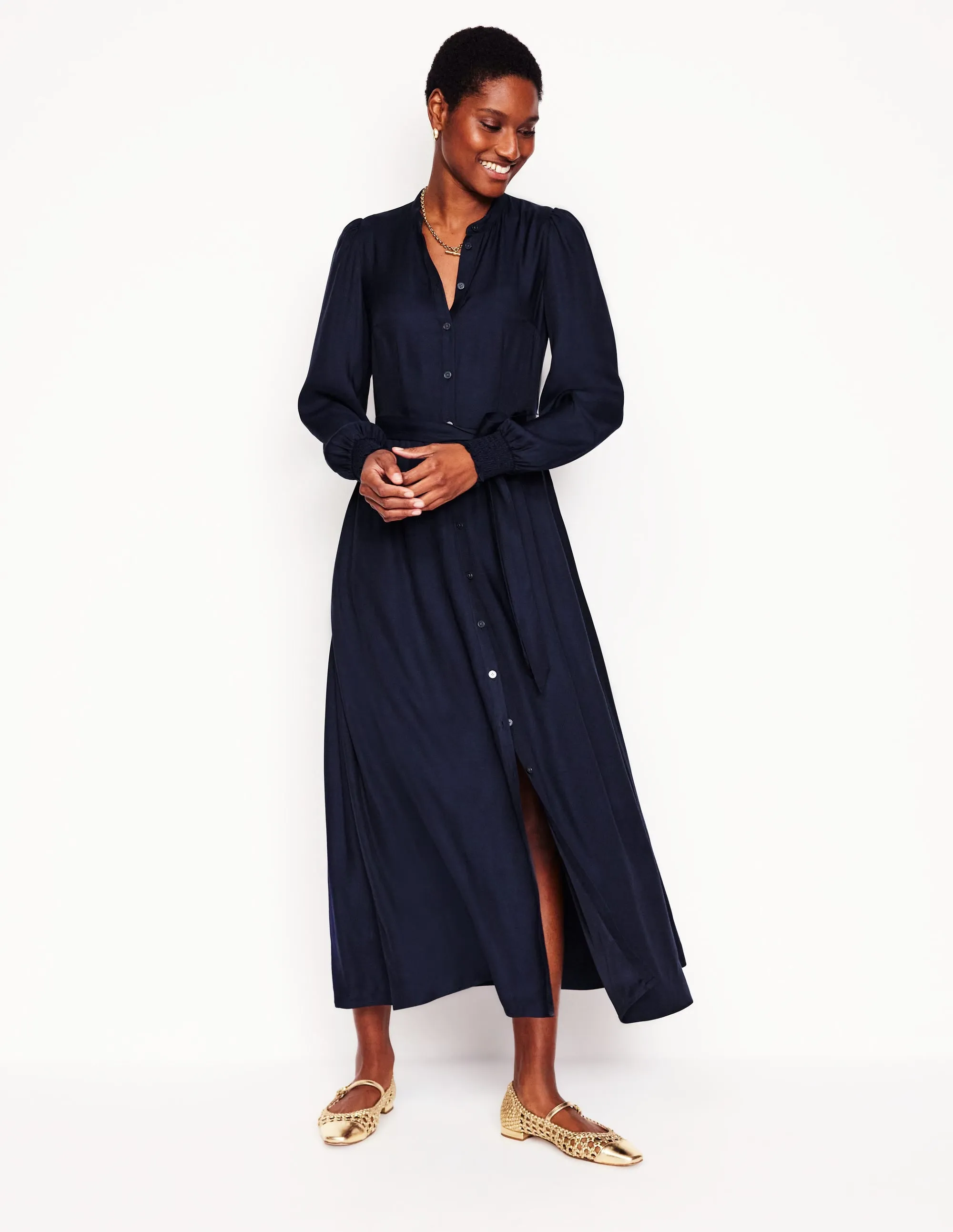 Ruby Collarless Shirt Dress-Navy