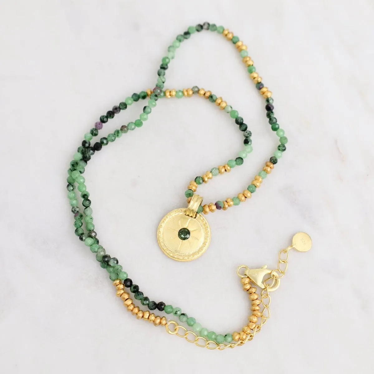Ruby Zoisite with Green Tourmaline Pendant Necklace