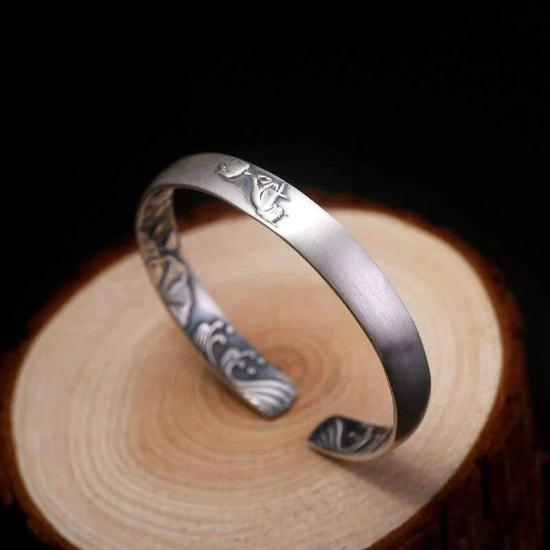 Solid Pure 999 Sterling Silver 8mm Lotus Vintage Open Cuff Bracelet Women Guanyin Hand Trendy Rock Bangles Women Jewelry