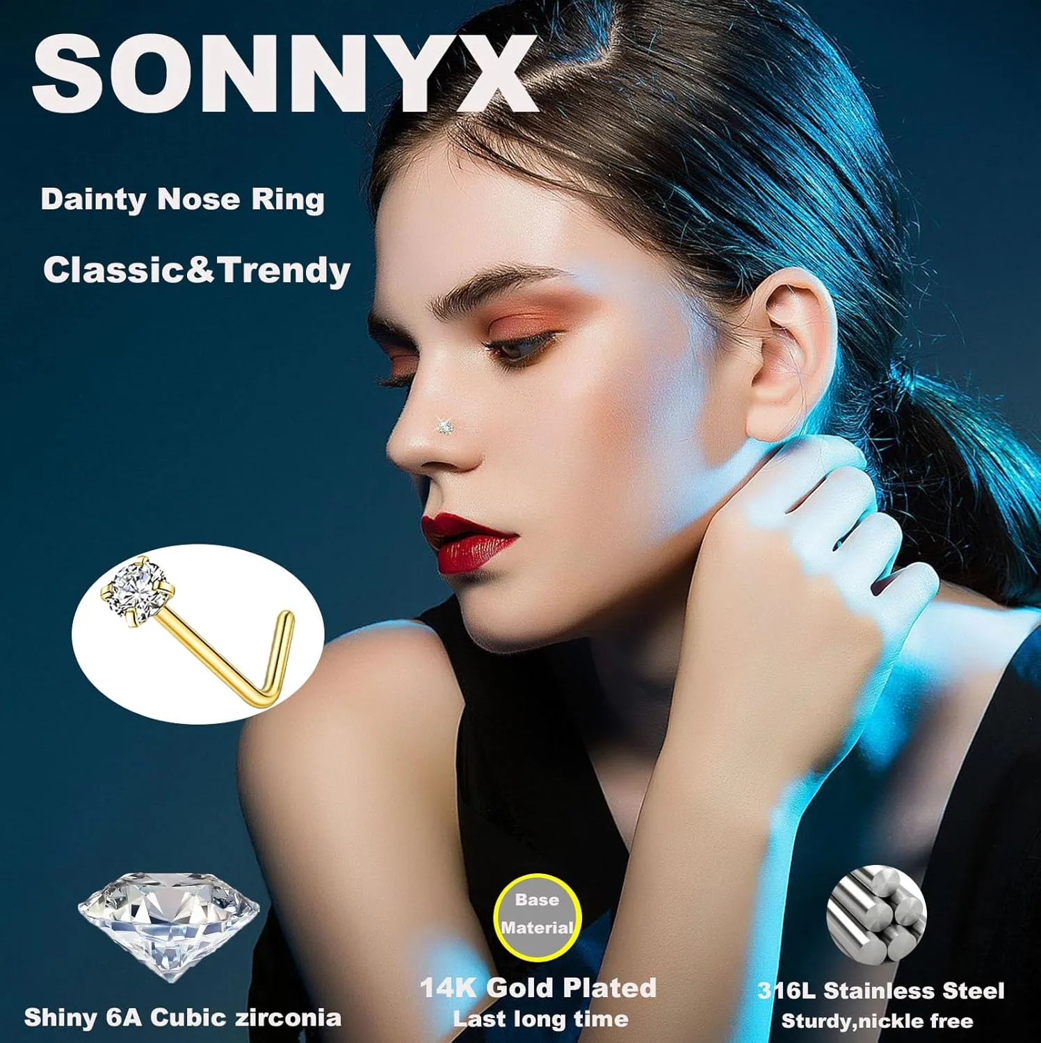 SONNYX 22 Pcs 14K Gold Dangle Nose Ring Studs Nose Rings Hoops 316L Surgical Steel Nose Rings CZ L Shaped Nose Stud Hypoallergenic Nose Piercing Jewelry for Women Men 20G