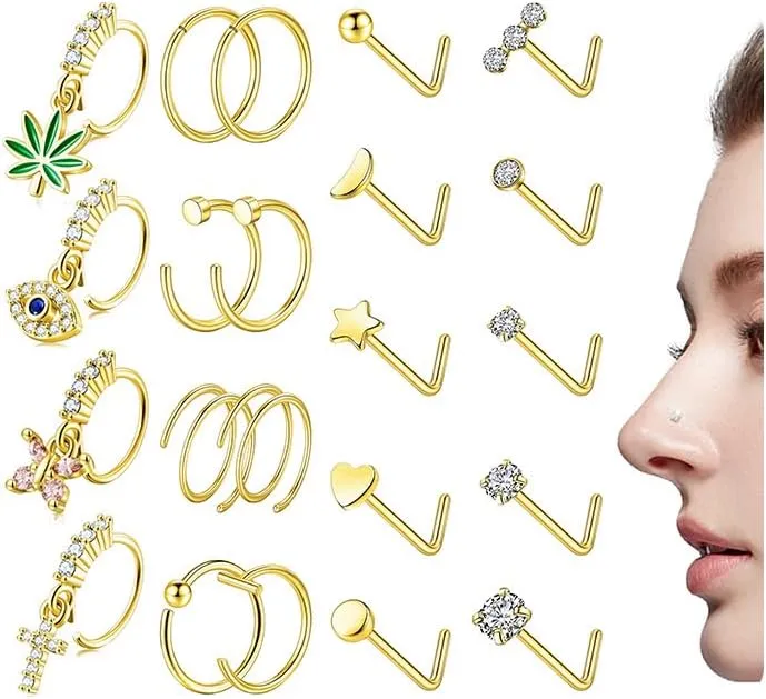 SONNYX 22 Pcs 14K Gold Dangle Nose Ring Studs Nose Rings Hoops 316L Surgical Steel Nose Rings CZ L Shaped Nose Stud Hypoallergenic Nose Piercing Jewelry for Women Men 20G