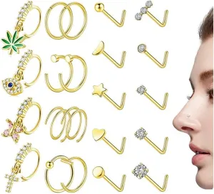 SONNYX 22 Pcs 14K Gold Dangle Nose Ring Studs Nose Rings Hoops 316L Surgical Steel Nose Rings CZ L Shaped Nose Stud Hypoallergenic Nose Piercing Jewelry for Women Men 20G