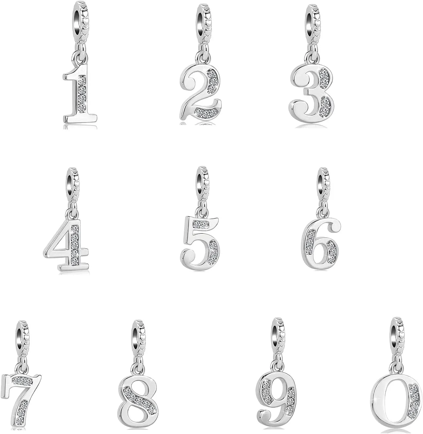 Sparkling Number Charm Compatible with Pandora Charms Bracelets for Women (0-9)