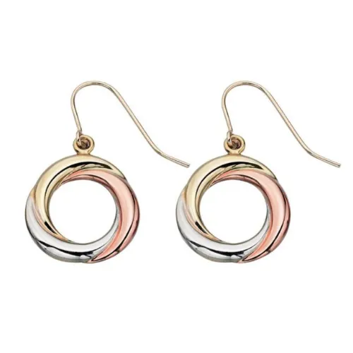 Tri-Metal Open Circle Drop Earrings in 9ct Gold