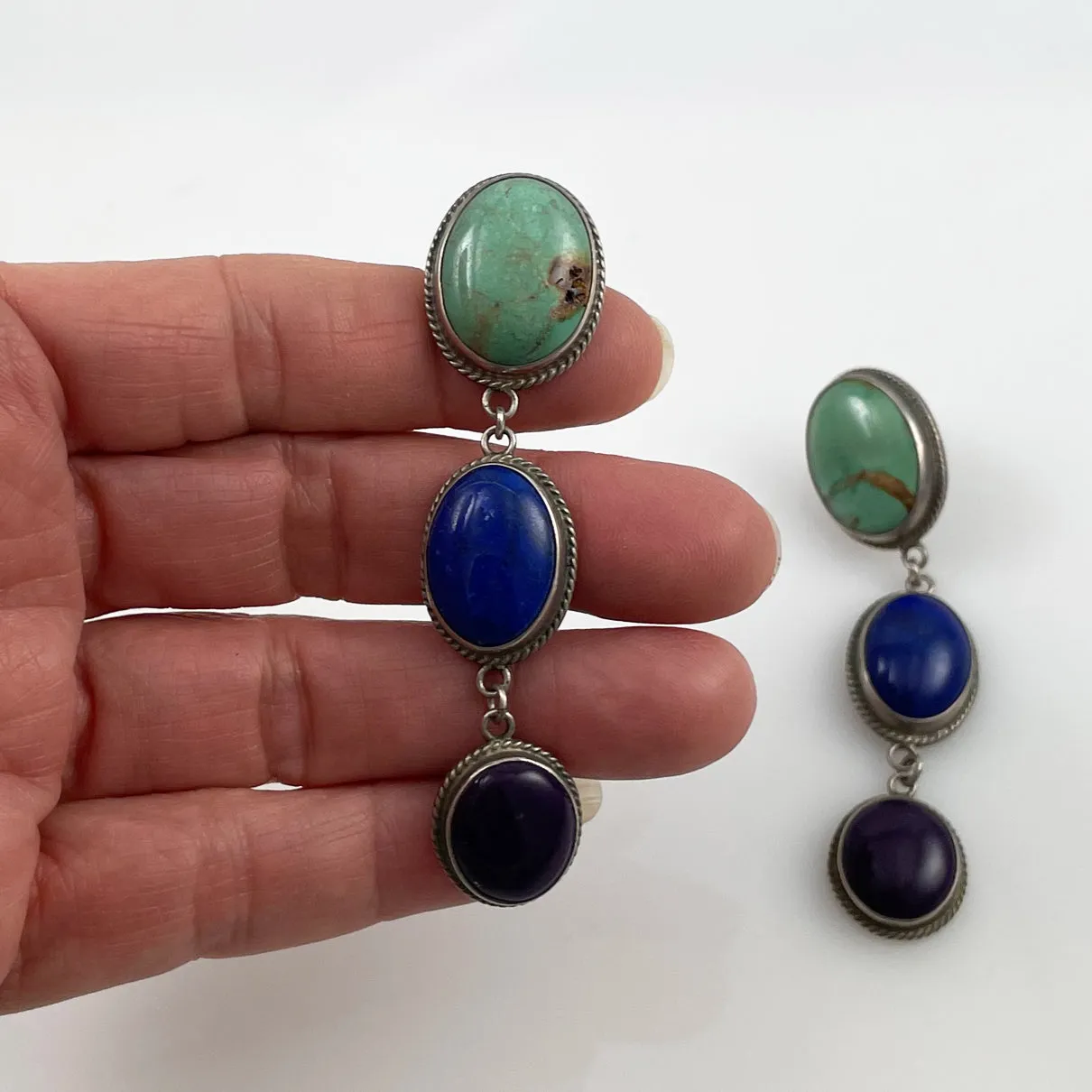 Turquoise Lapis & Sugilite Sterling Pierced Earrings Vintage