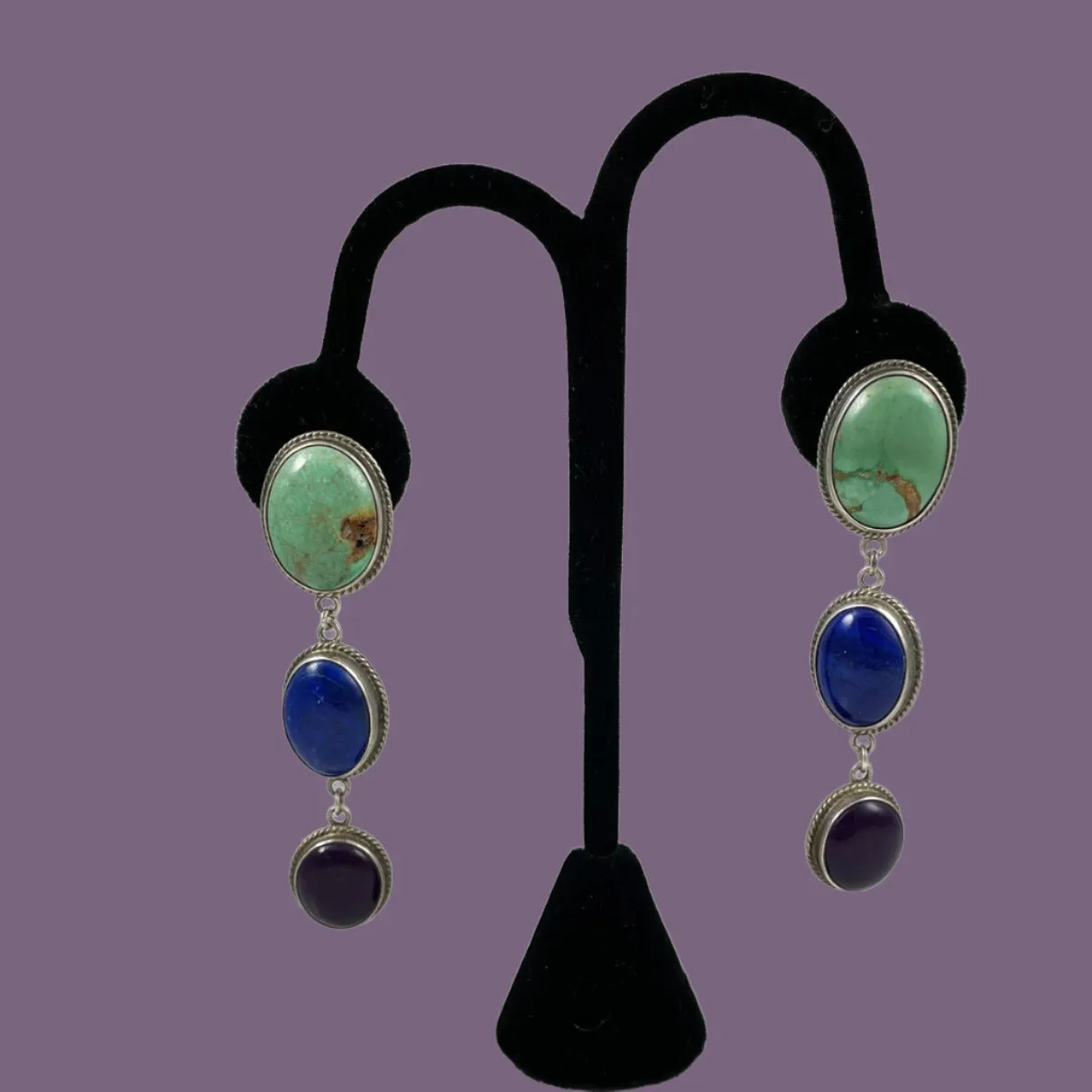 Turquoise Lapis & Sugilite Sterling Pierced Earrings Vintage