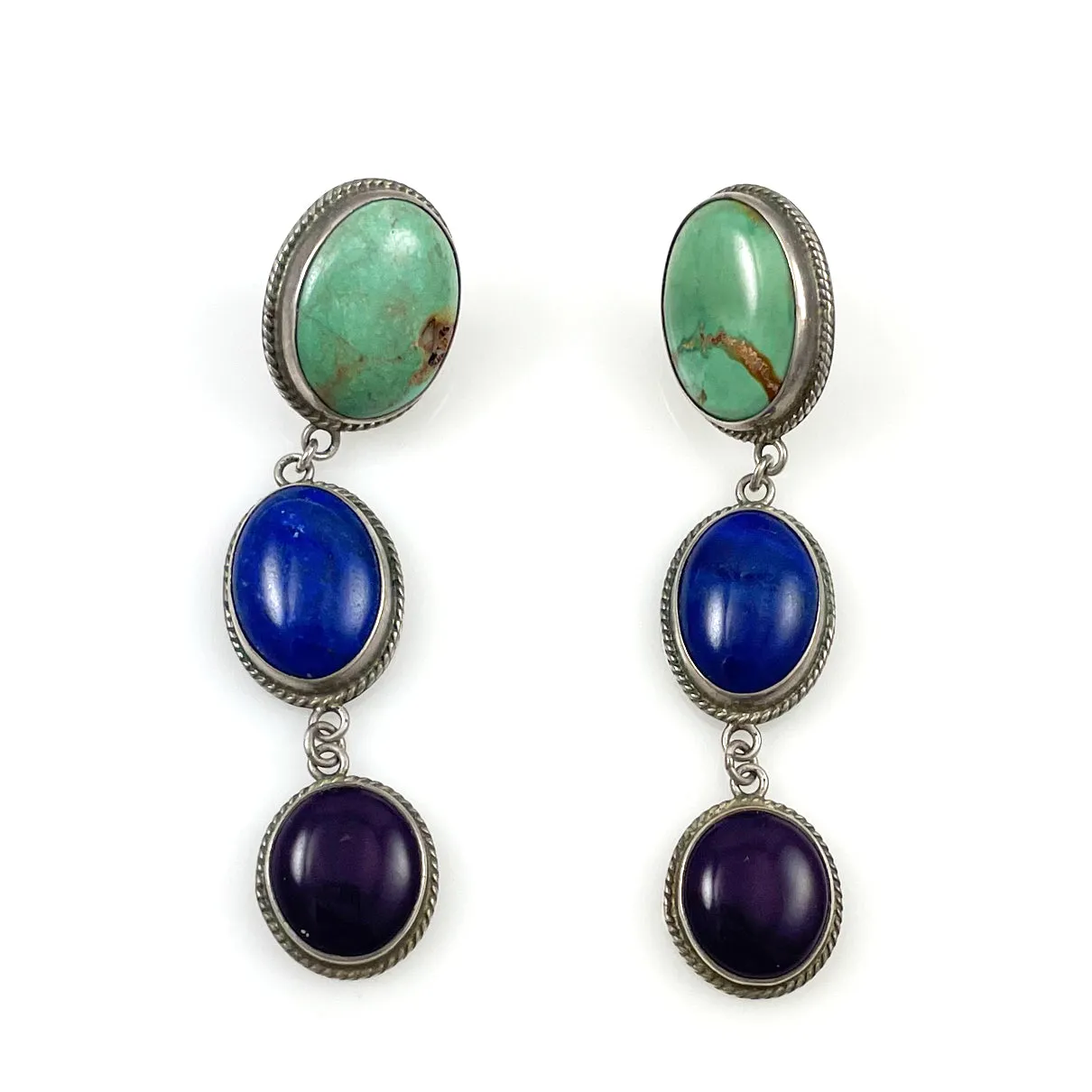 Turquoise Lapis & Sugilite Sterling Pierced Earrings Vintage