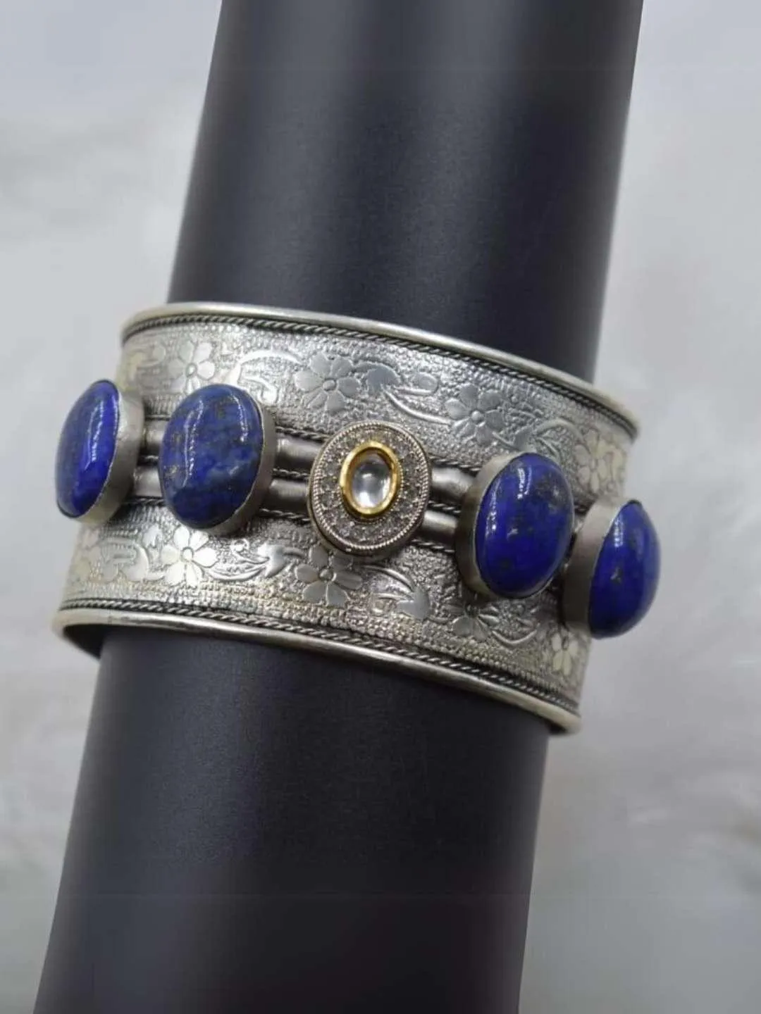 Vintage Oval Kundan Studded Oxidised Cuff Bangle